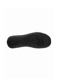 Black shoe sole with textured surface and patterned grip. Features rounded front and two rectangular traction pads at the heel.
