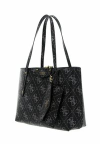 Černá taška přes rameno s monogramovým vzorem, texturovaným syntetickým materiálem, dvěma ramenními popruhy, zlatými kovovými doplňky a odnímatelnou kapsou.