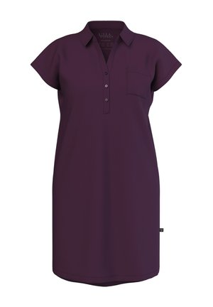 Lila kurzes Kleid mit kurzen Ärmeln, Kragen, Knopfleiste und einer Brusttasche. Hergestellt aus einem glatten Stoff, mit abgerundetem Saum.