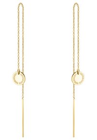 Ohrringe in Goldoptik mit verlängerten Kettenlinks, kreisförmigen Akzenten mit graviertem Text und geraden Stäben als Abhängungen.
