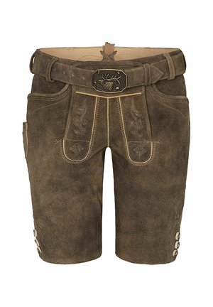 Brune ruskind traditionelle tyske lederhosen shorts med broderi, bælte og spænde formet som en hjort, med knapper på sidesømmen.