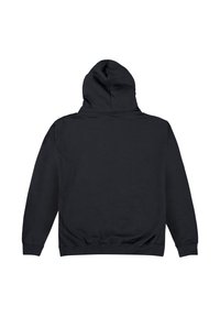 Sort hætte sweatshirt med et enkelt design, der har en frontlomme og elastiske manchetter; stof i bomuldsblanding, glat tekstur.