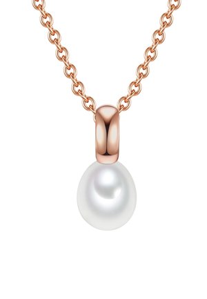 Collana con pendente di perla, composta da una perla bianca rotonda, attaccata a una catena di oro rosa lucido con forme ovali collegate.