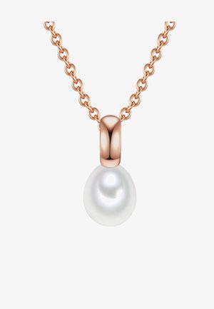 Gömb alakú, fehér gyöngyös gyöngysor, fényes rózsa arany láncon, amely összekapcsolt ovális formákból áll.