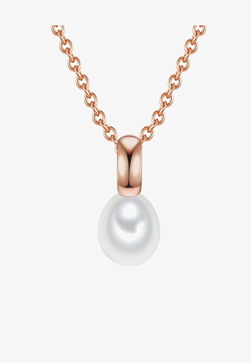 Pärl ripats kaelakee, millel on ümmargune valge pärl, kinnitatud poleeritud roosa kulla kettale, millel on lingitud ovaalsed kujundid.