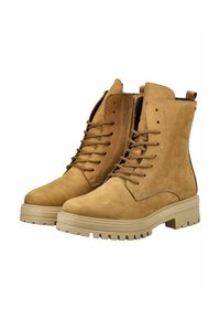 Tan suede ankle boots with a rubber sole, designed with laces, side zipper, and features a textured surface and reinforced toe.