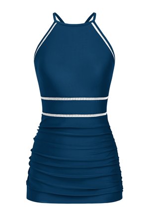 Marineblauwe zwemjurk met halterbandjes, gerimpeld textuur en witte horizontale strepen op de taille. Zachte, rekbare stof.