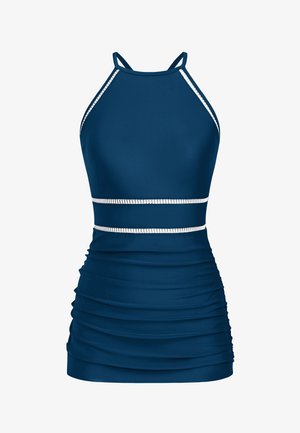 Robe de bain bleu marine avec des bretelles à nouer, texture froncée et rayures horizontales blanches à la taille. Tissu doux et extensible.