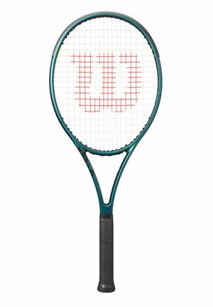 Raquette de tennis avec cadre bleu sarcelle et poignée noire, cordée avec des cordes blanches présentant un logo rouge "W" au centre.