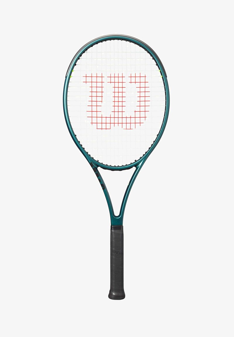 Raquette de tennis avec cadre bleu sarcelle et poignée noire, cordée avec des cordes blanches présentant un logo rouge "W" au centre.