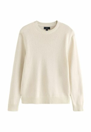 Pull en maille couleur crème à manches longues avec col rond, poignets et ourlet côtelés, étiquette taille moyenne de la marque Next.