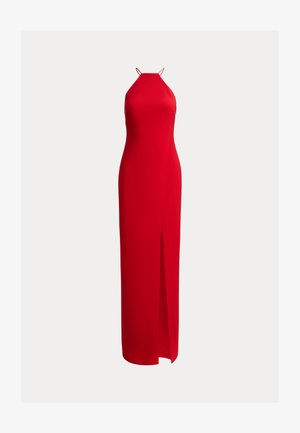 Κόκκινο μάξι φόρεμα με λαιμόκοψη halter, φτιαγμένο από απαλό ύφασμα, με σκίσιμο μέχρι ψηλά στον μηρό στη μία πλευρά και λεπτές τιράντες για στήριξη.