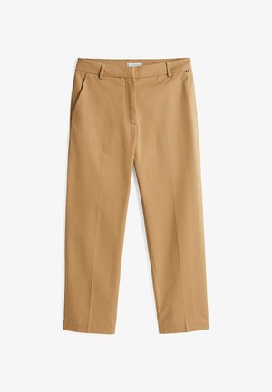 Beige skräddarsydda byxor med en slät textur, försedda med två sidofickor och en rak ben design. Diskret frontveck.