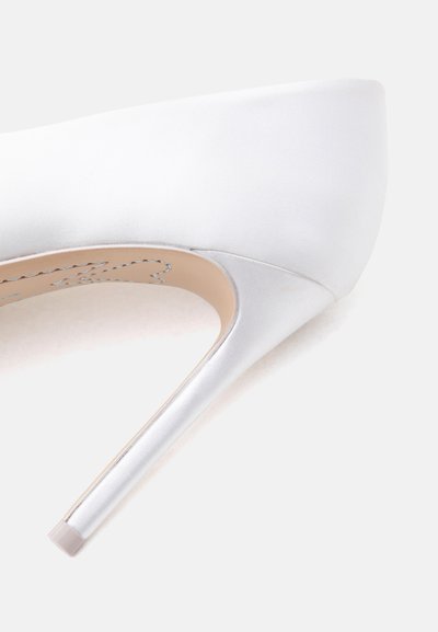 Λευκό γυναικείο παπούτσι με ψηλό τακούνι, μυτερή μύτη και λεπτό στιλέτο, απεικονισμένο από το πλευρό πάνω σε ανοιχτό φόντο.