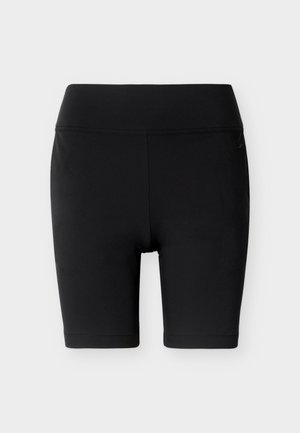 Μαύρα biker σορτς με ψηλή μέση, επίπεδες ραφές και μήκος μέχρι το μισό μηρό, με λείο ύφασμα, απλωμένα επίπεδα σε λευκό φόντο.