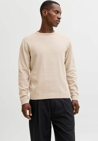 Maglione beige con collo tondo realizzato in tessuto morbido, caratterizzato da polsini e orlo a coste, abbinato a pantaloni neri. Design semplice e minimalista.