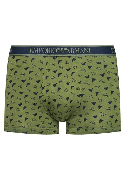 Green cotton boxer shorts featuring a repeating navy logo pattern, elastic waistband with "Emporio Armani" branding, and a fitted design.