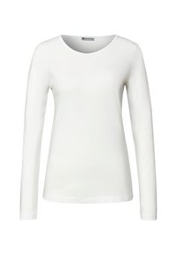 Witte langelijf t-shirt met lange mouwen, gemaakt van gladde stof, met een ronde halslijn en een aansluitend ontwerp. Het heeft minimale naden en geen patronen.