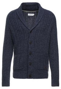 Cardigan lavorato a maglia navy con colletto a scialle, cinque bottoni e due tasche frontali. Motivo testurizzato con un aspetto morbido e una leggera lucentezza.
