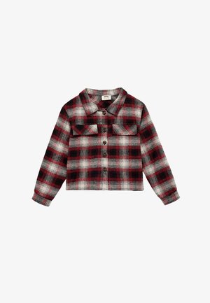 Red and black checkered flannel shirt with long sleeves, two front pockets, a collar, and front button closure. Textured fabric, cropped design.