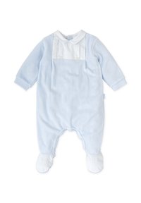Bodysuit para bebé de color azul claro con mangas largas, panel frontal a rayas, cuello redondeado y diseño con pies que incluye broches para facilitar el cambio de ropa.