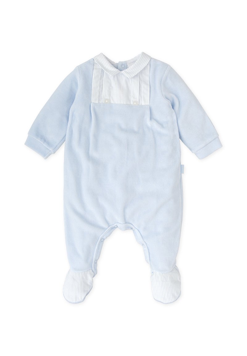 Bodysuit para bebé de color azul claro con mangas largas, panel frontal a rayas, cuello redondeado y diseño con pies que incluye broches para facilitar el cambio de ropa.