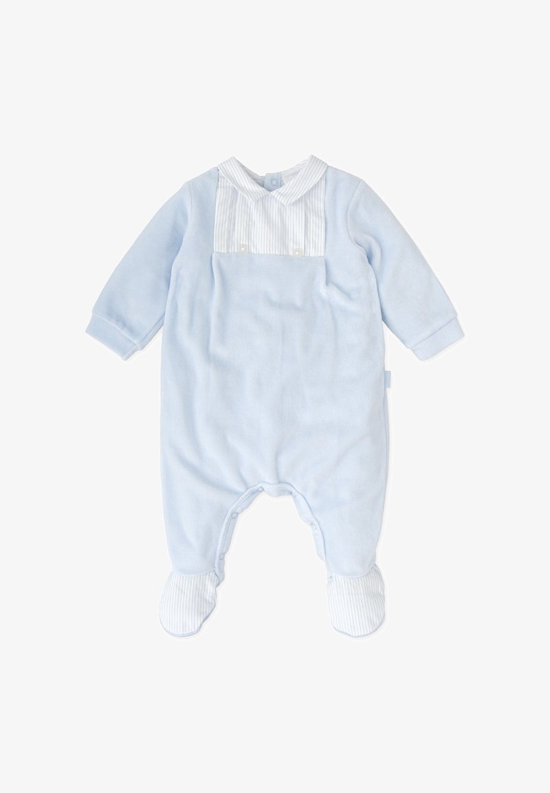 Bodysuit pour bébé bleu clair à manches longues, avec un panneau avant rayé, un col rond et un design avec pieds, doté de boutons-pression pour un habillage facile.