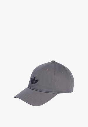 Gray fabric cap with a curved brim, featuring a black embroidered logo on the front and stitched ventilation holes on the sides.