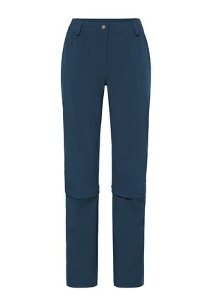 Marineblauwe outdoorbroek met afritsbare pijpen, steekzakken aan de voorkant, riemlussen en knoopsluiting.