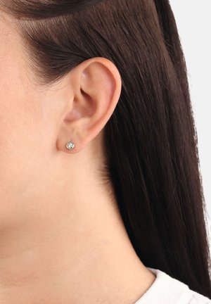 Orecchino a bottone con un lieve gemma trasparente montata su un metallo color argento. Design rotondo semplice, fissato a un perno visibile, indossato all'orecchio sinistro.