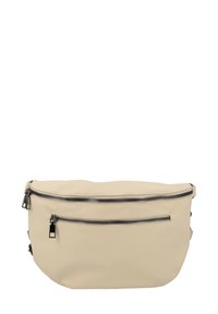Borsa a vita in pelle beige con due scomparti neri con cerniera, progettata per un trasporto a mani libere.