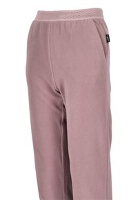 Pink fleece pants with a textured finish, featuring a breathable mesh waistband and side pockets for functionality.