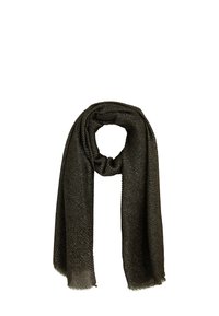 Écharpe vert foncé en tissu texturé, avec une finition douce et des bords effilochés. Drapée légèrement en forme circulaire.