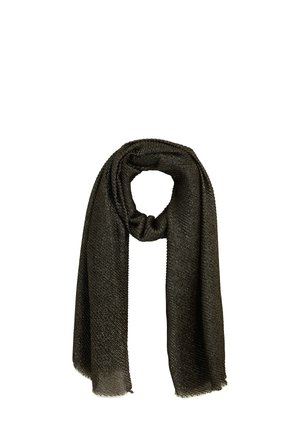 Écharpe vert foncé en tissu texturé, avec une finition douce et des bords effilochés. Drapée légèrement en forme circulaire.