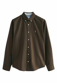 Chemise marron à boutons avec manches longues, col avec col, et détail de logo subtil. Fabriquée en tissu lisse avec une coupe ajustée et des boutons argentés.