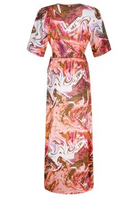 Langes, fließendes Kleid mit einem bunten Marmor-Muster in Rosa-, Braun- und Weißtönen. Hergestellt aus leichtem Stoff mit kurzen Ärmeln.