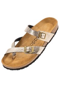 Lätt sandal med ett överdel i guld- och silverfärgat ormskinnsmönster, två justerbara remmar med gyllene spännen och en beige dämpad fotbädd.