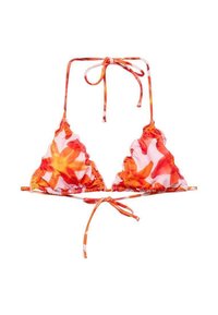 Trojuholníkový bikiny top s oranžovým a bielym kvetinovým vzorom, vyrobený z mäkkej tkaniny s nastaviteľnými viazaniami na krku a chrbte.