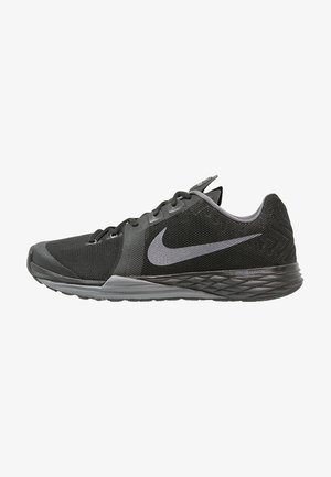 Zapatilla de correr Nike en negro y gris con parte superior de malla, cierre de cordones, suela con textura y etiqueta "Dual Fusion" en la entresuela.