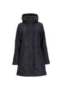 Vattentät svart jacka med huva, med två framfickor, justerbara dragsnören och tryckknappar, tillverkad av ett slätt, texturerat tyg.