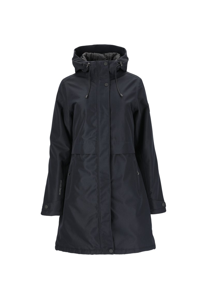 Vattentät svart jacka med huva, med två framfickor, justerbara dragsnören och tryckknappar, tillverkad av ett slätt, texturerat tyg.