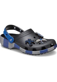Black plastic clog with blue strap and accents. Features ventilation holes, textured sole, and decorative embellishments on the upper.