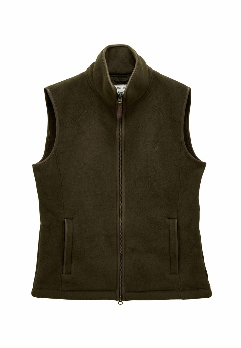 Ciemnozielona kamizelka z polaru z wysokim kołnierzem, pełnym zamkiem błyskawicznym i dwiema bocznymi kieszeniami. Posiada gładką fakturę i subtelne detale w szyciu.