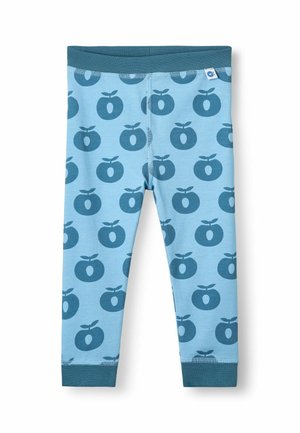 Leggings pour enfants bleu clair avec motifs de pommes bleu foncé et taille et chevilles unies.