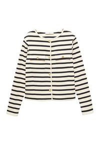 Pruhovaný cardigan v krémové a černé barvě z bavlny, s dlouhými rukávy, kulatým výstřihem, předním zapínáním na knoflíky a dvěma náprsními kapsami se zlatými knoflíky.