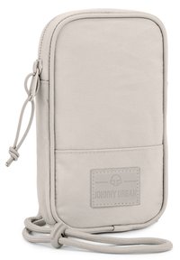 Light gray travel pouch with textured fabric, zipper closure, front pocket, and adjustable strap. Features a subtle logo tag.