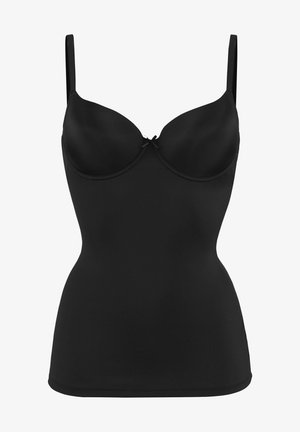 Black bodysuit with smooth, stretchy fabric. Features molded cups, thin adjustable straps, and a subtle center bow detail.