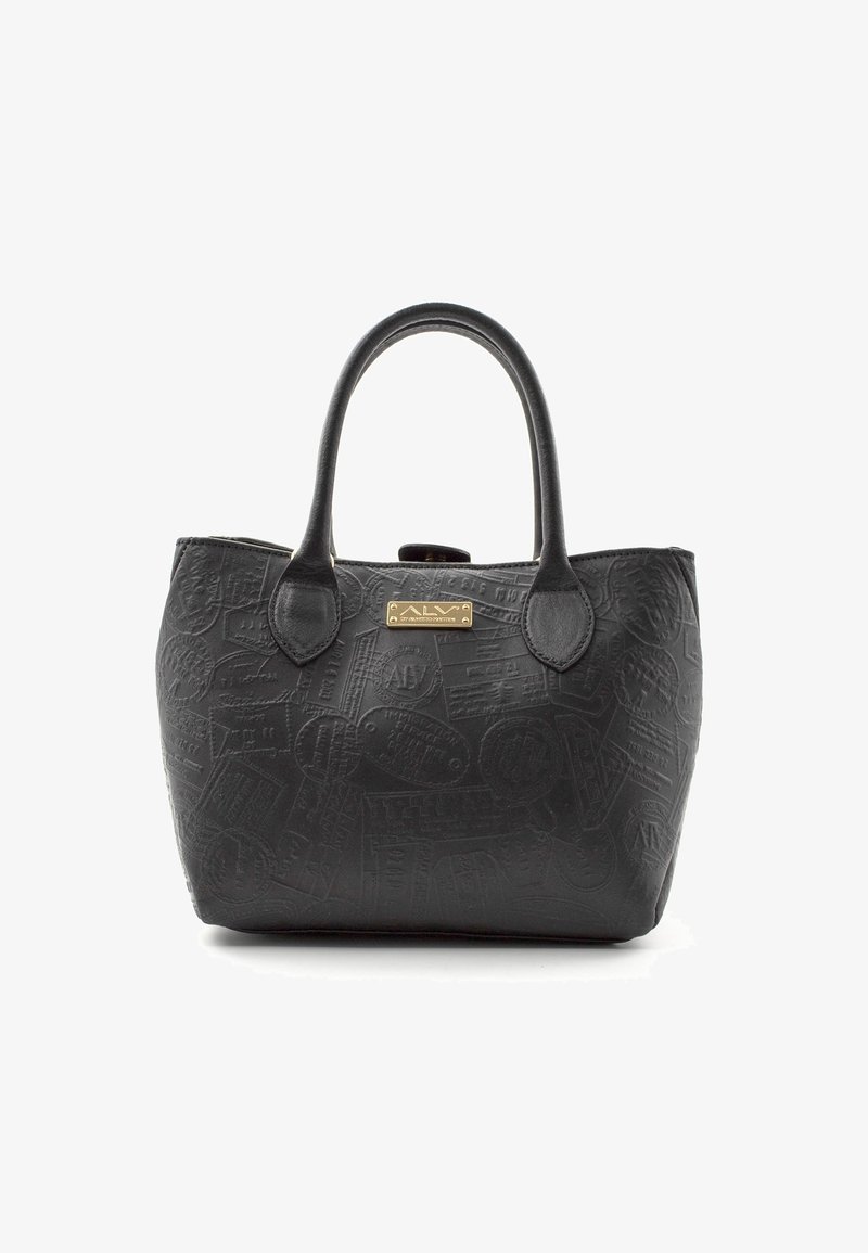 Schwarze Handtasche aus geprägtem Leder mit strukturierter Oberfläche und Mustern. Verfügt über robuste Tragriemen und eine goldfarbene Hardware-Akzentuierung.