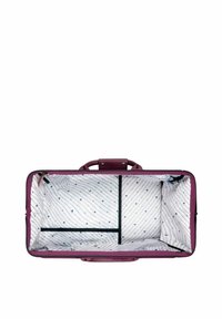 Valise violette avec une fermeture éclair, dotée d'un intérieur à motifs en blanc avec des pois bleus et des séparateurs noirs pour l'organisation.