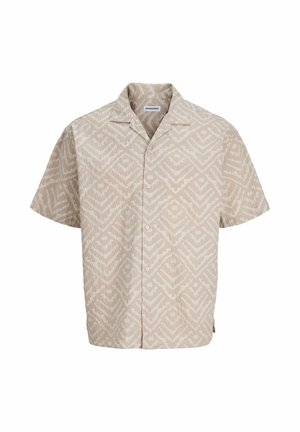 Chemise beige à manches courtes avec boutons, motif géométrique subtil et col camp, fabriquée par Jack & Jones.